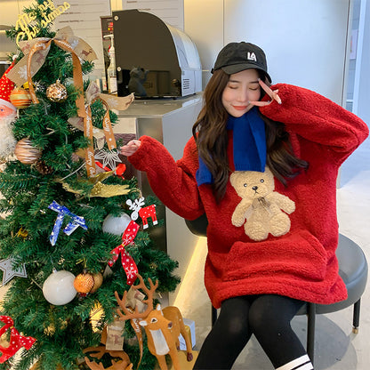 Eltern-Kind-Kleidung Herbst- und Winterkleidung Pullover plus Samt dicke Mutter- und Tochterkleidung im ausländischen Stil koreanische Mädchen Cartoon Net rot warmer Wollpullover 