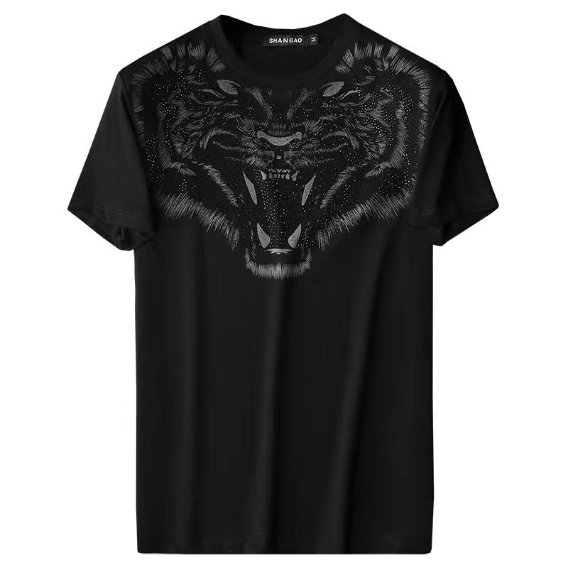 European Fashion Brand Heavy Craft Tiger Head Rhinestone Printing Short Sleeve T-shirt Men&#039;s Summer Casual Round Neck Men&#039;s Half Sleeve Cotton